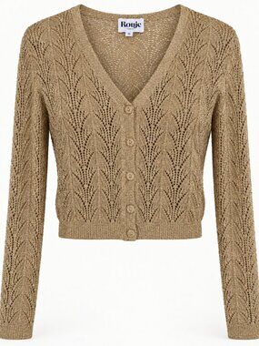 Rouje Gold Metallic Open lace knit V-Neck Buttoned Cropped Cardigan